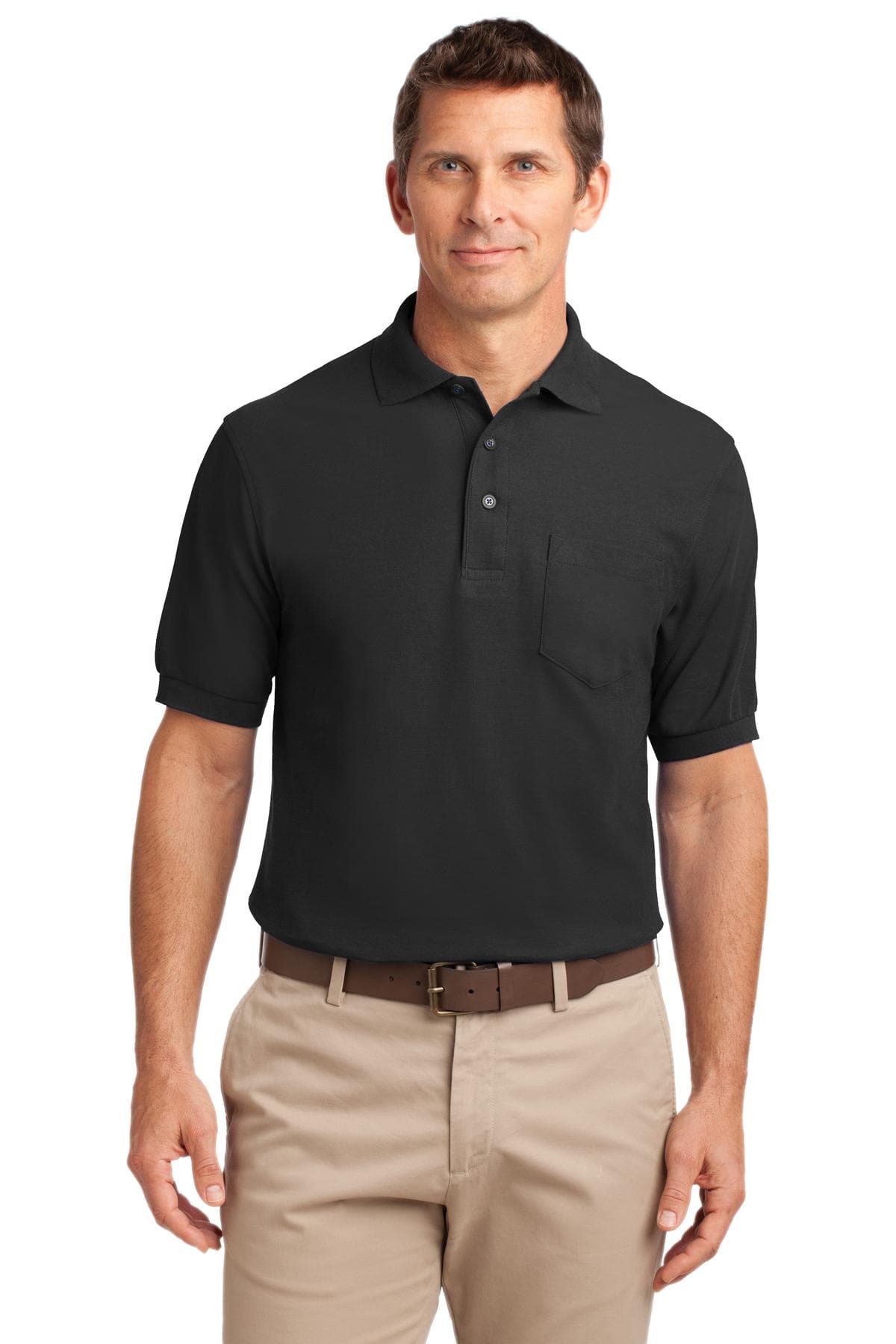 Port Authority Tall Silk Touch Polo with Pocket. TLK500P Black front