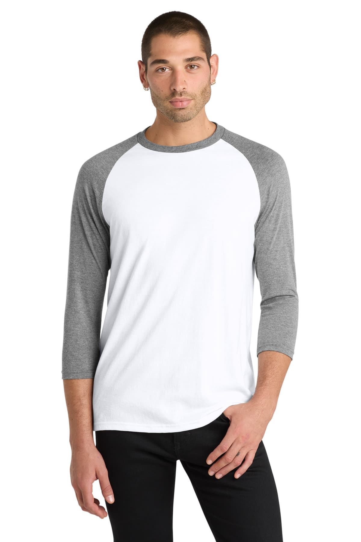 District Perfect Tri 3/4-Sleeve Raglan. DM136 Grey Frost/ White front