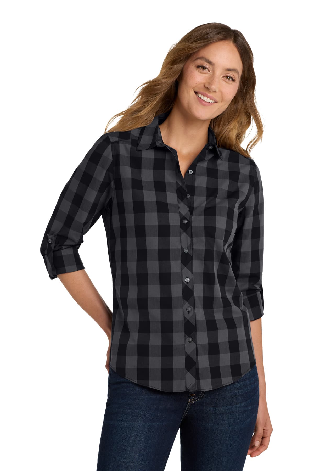 DISCONTINUED Port Authority Women's Everyday Plaid Shirt. LW670 Black front