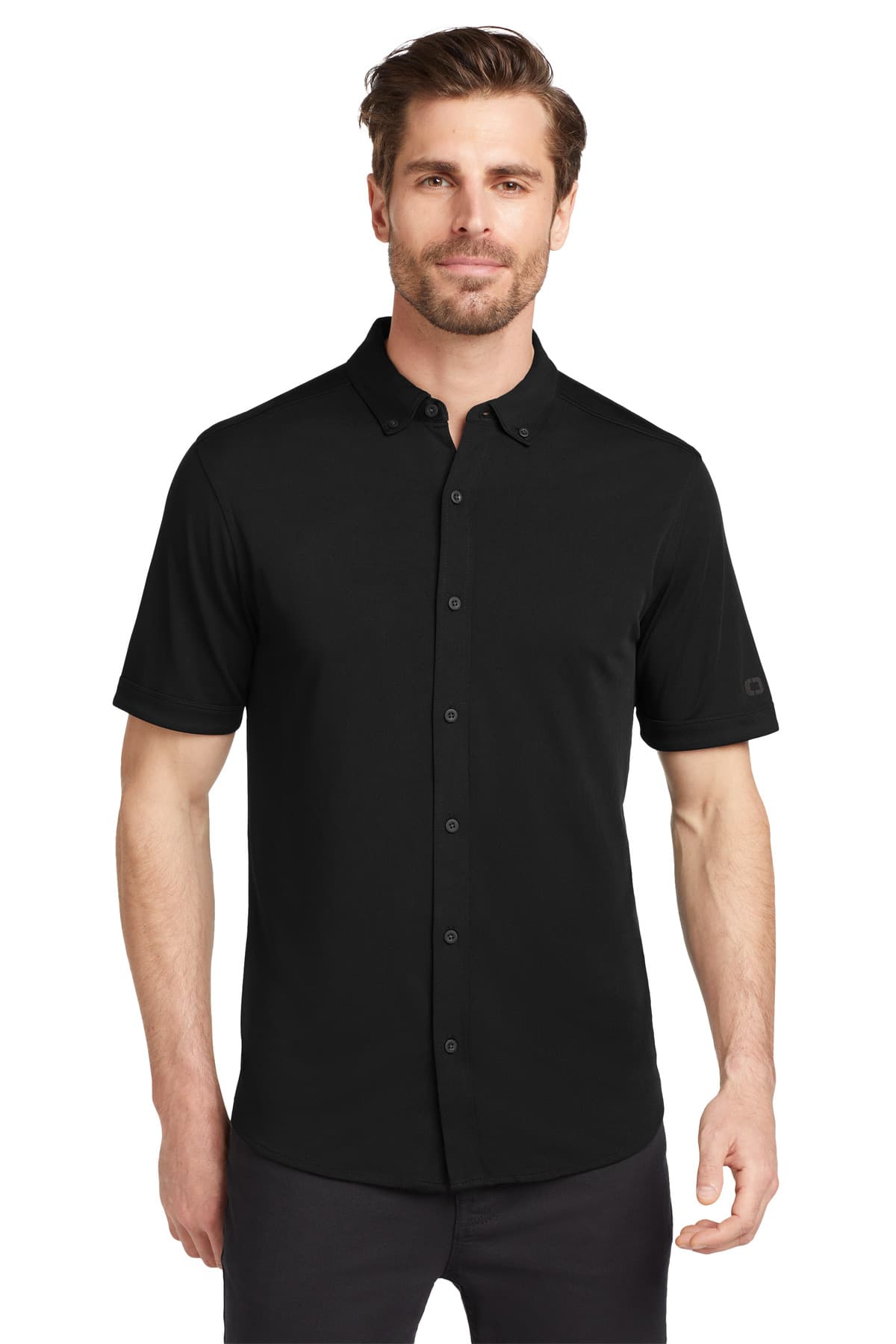 OGIO Gravitate Full-Button Polo. OG141 Blacktop front