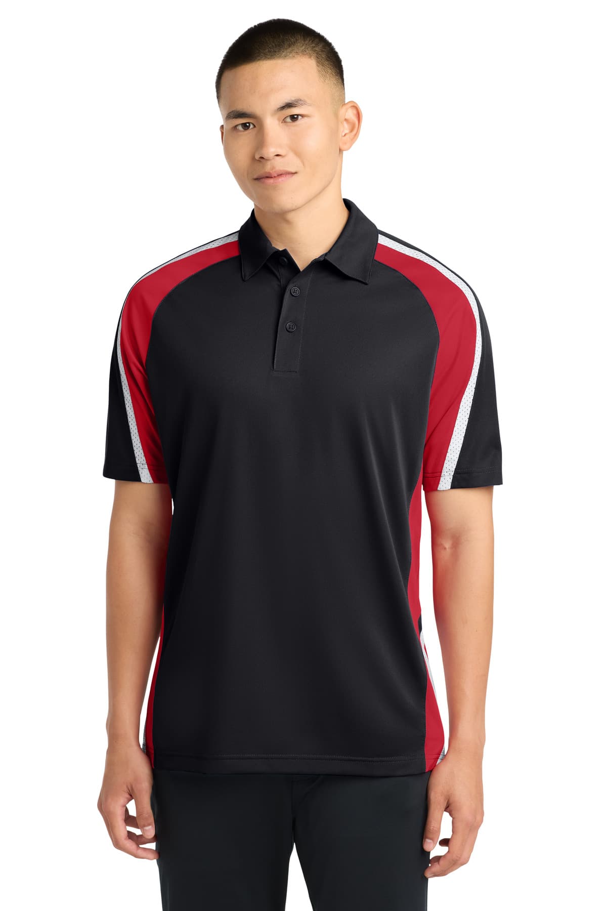 DISCONTINUED Sport-Tek Tricolor Micropique Sport-Wick Polo. ST654 Black/ True Red/ White front
