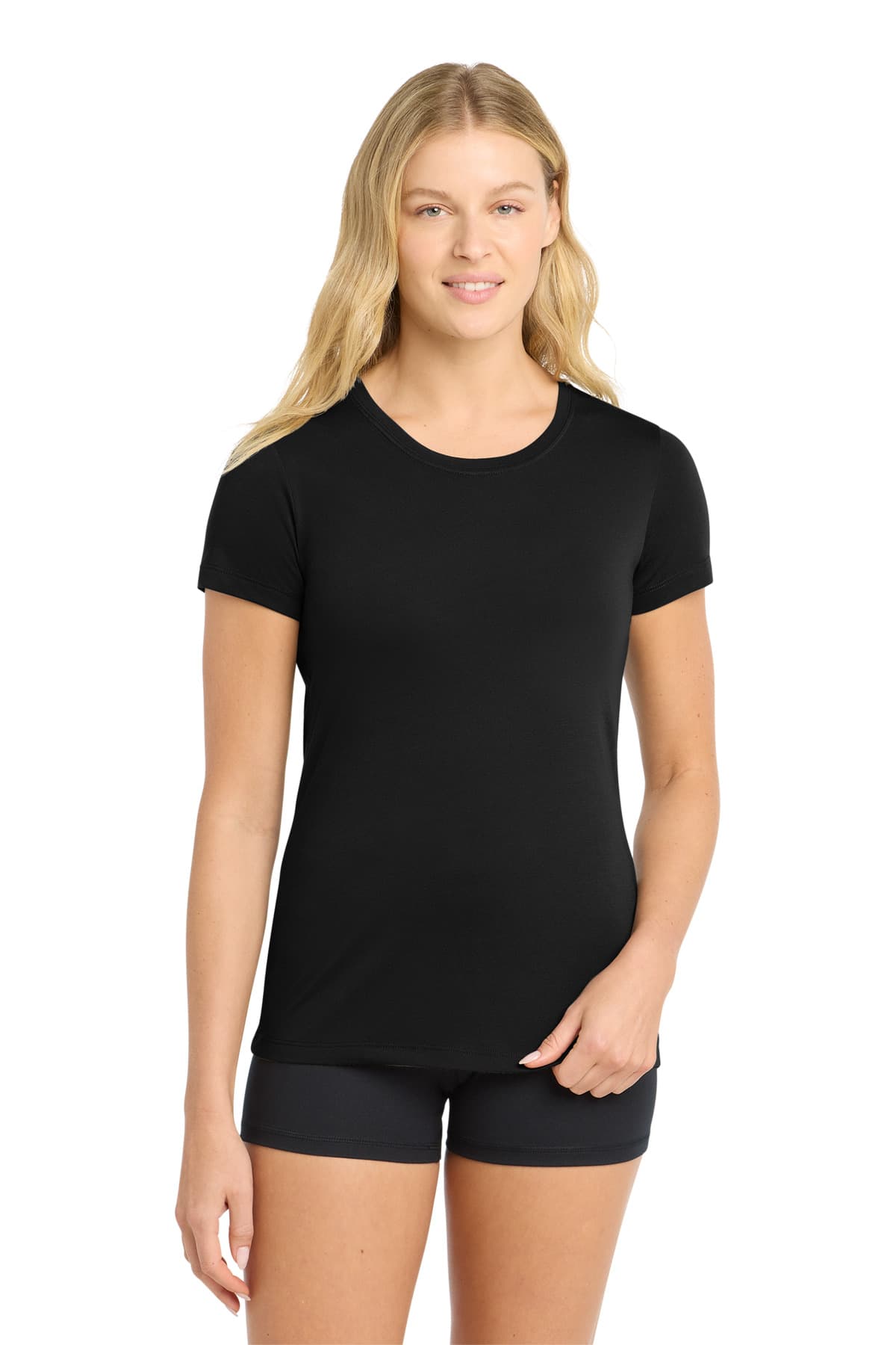 DISCONTINUED Sport-Tek Women's PosiCharge Competitor Cotton Touch Scoop Neck Tee. LST450 Black front