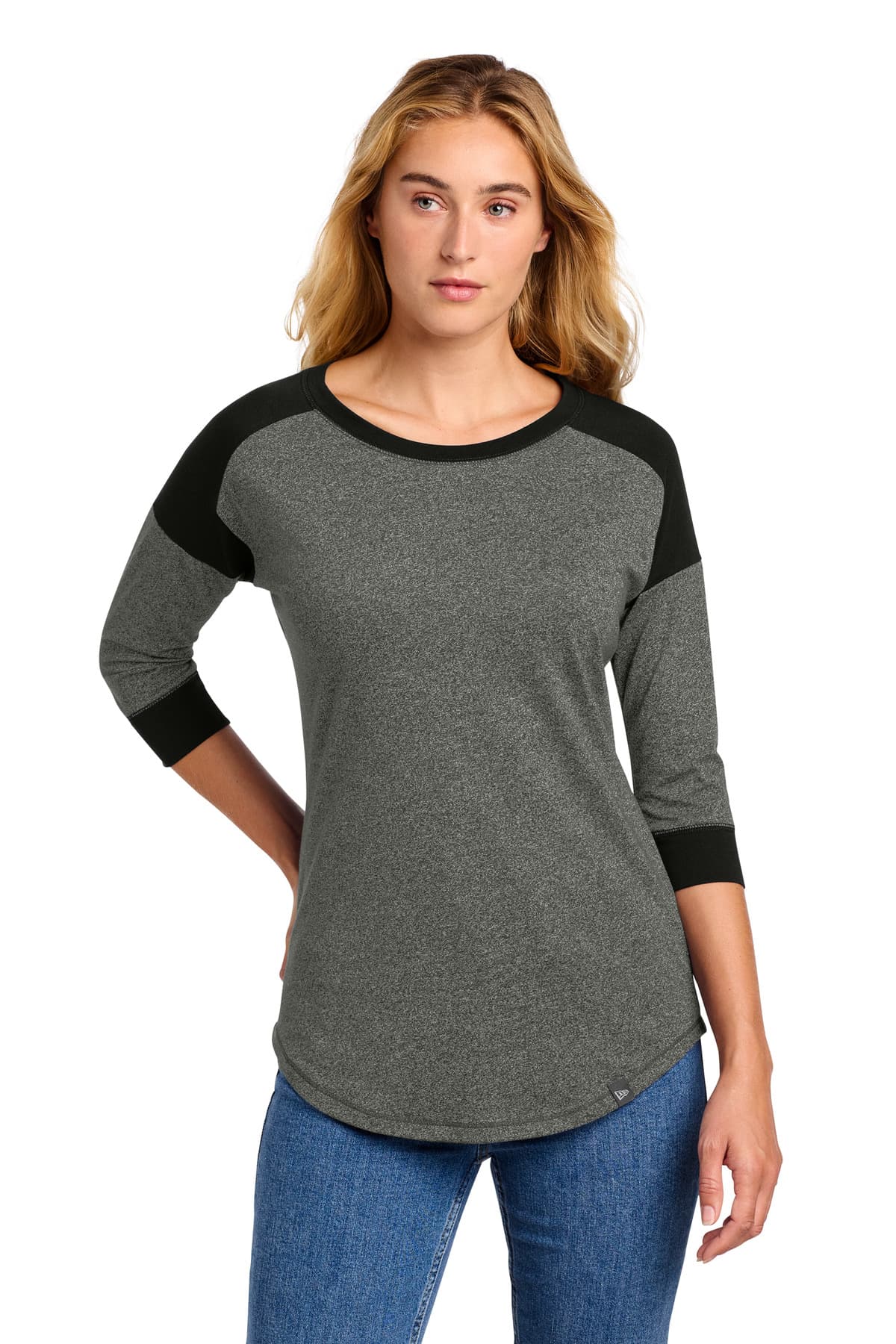DISCONTINUED New Era Women's Heritage Blend 3/4-Sleeve Baseball Raglan Tee. LNEA104 Black/ Black Twist front
