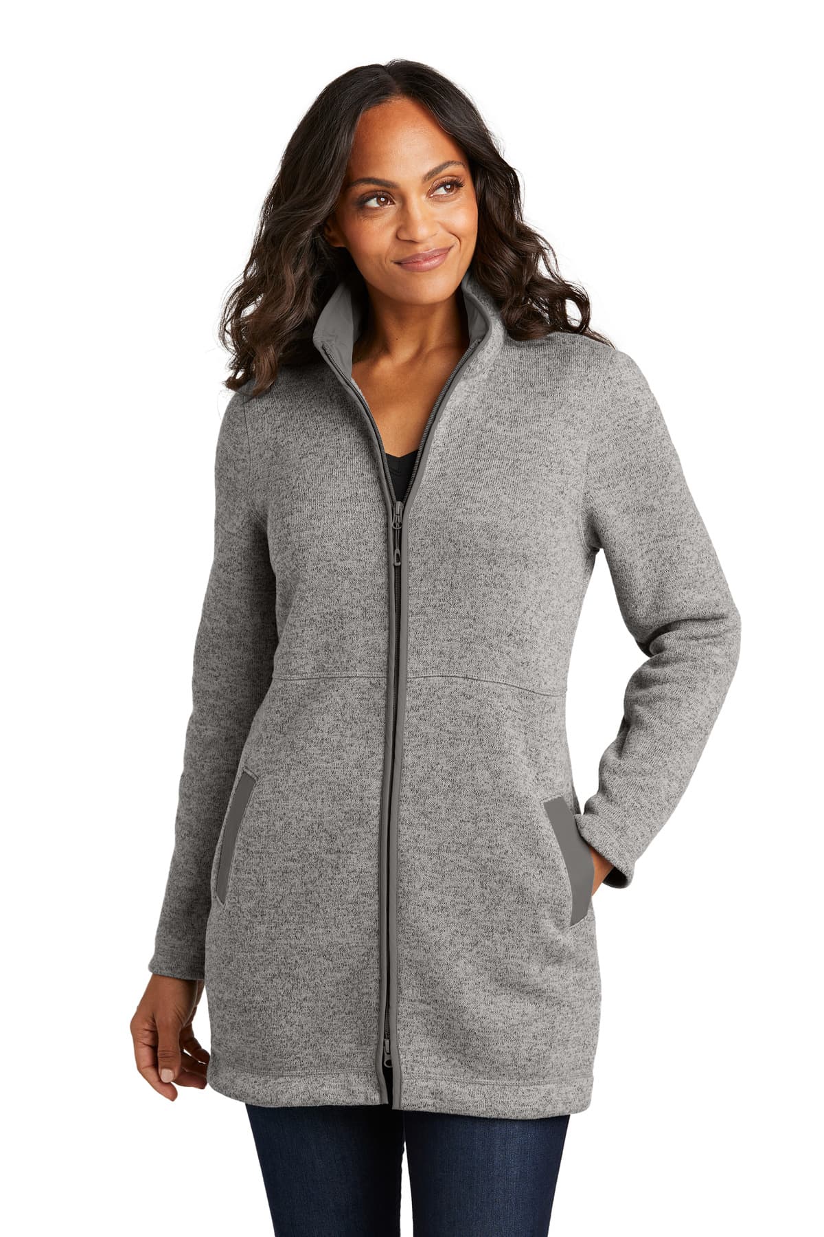 Port Authority Women's Arc Sweater Fleece Long Jacket L425 Deep Smoke Heather front