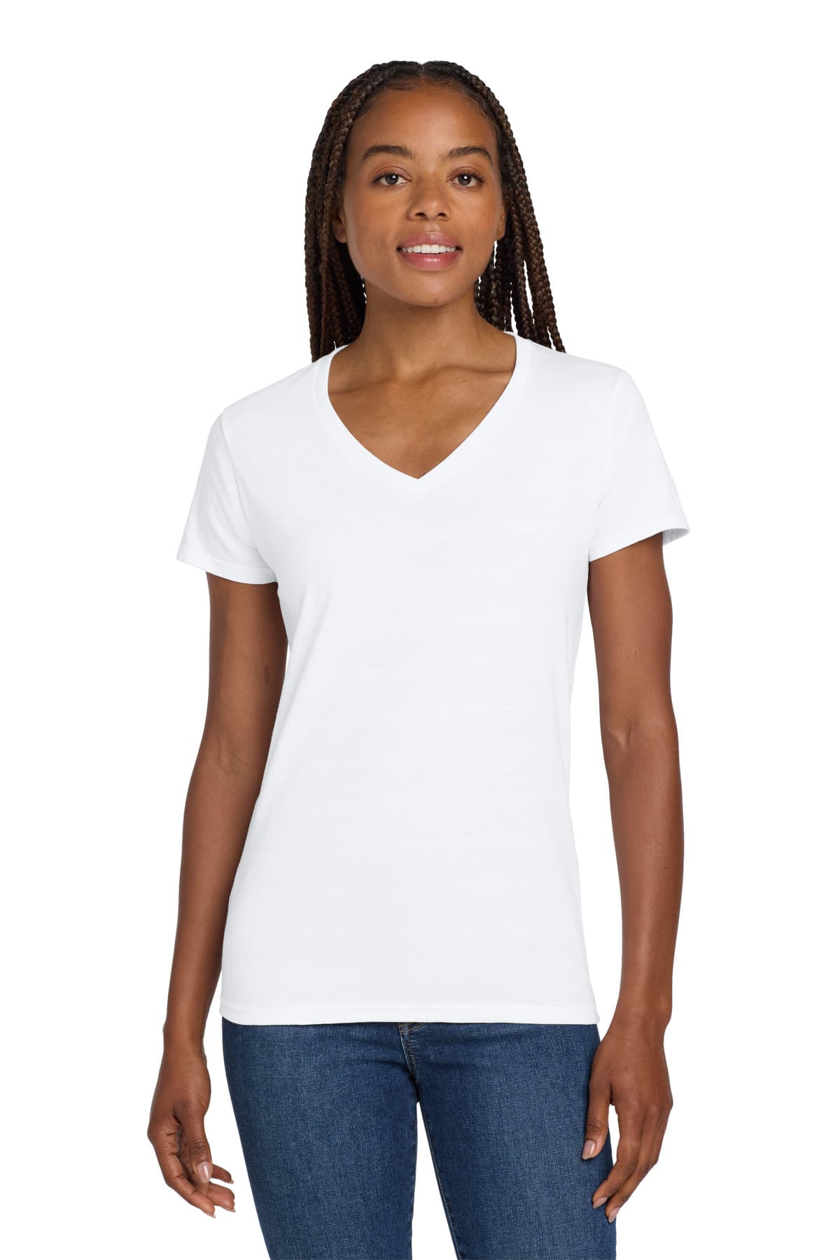 Gildan Women's Heavy Cotton 100% Cotton V-Neck T-Shirt. 5V00L White front