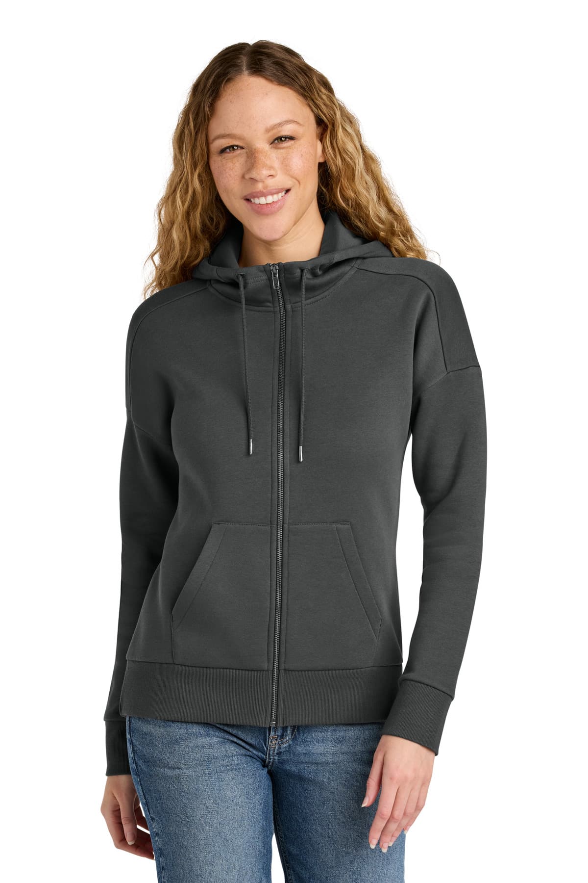 District Women's Perfect Weight Fleece Drop Shoulder Full-Zip Hoodie DT1104 Charcoal front