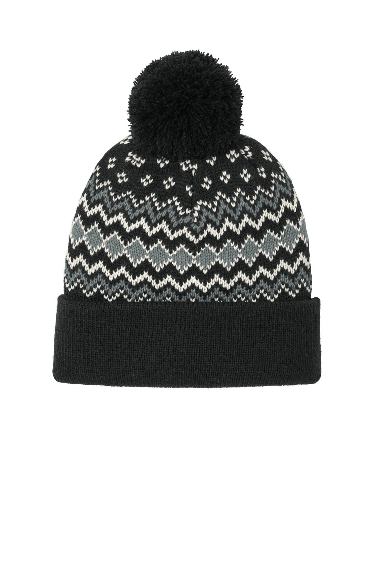 Port Authority Alpine Pom Beanie C991 Deep Black/ Gusty Grey/ Marshmallow front