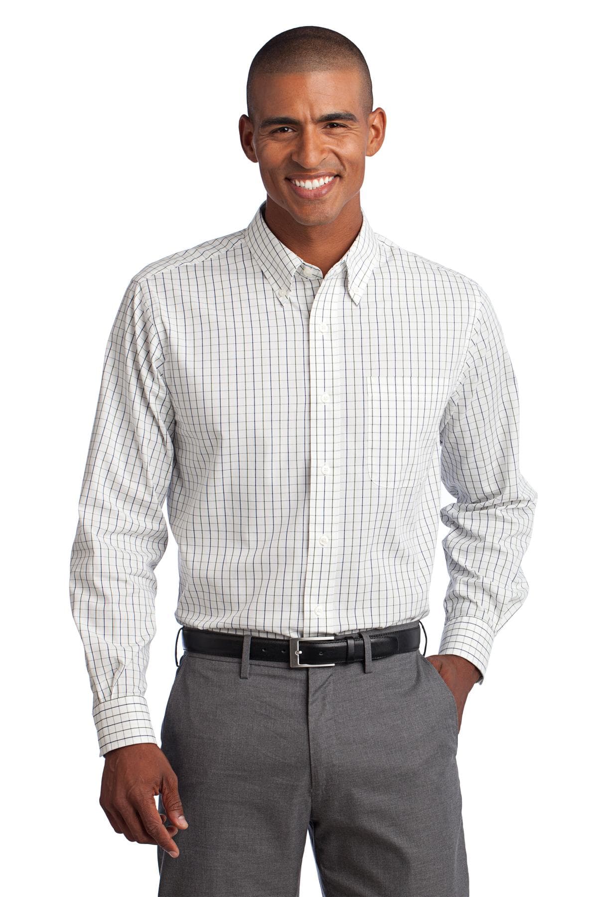 Port Authority Tattersall Easy Care Shirt. S642 Green/ Navy front