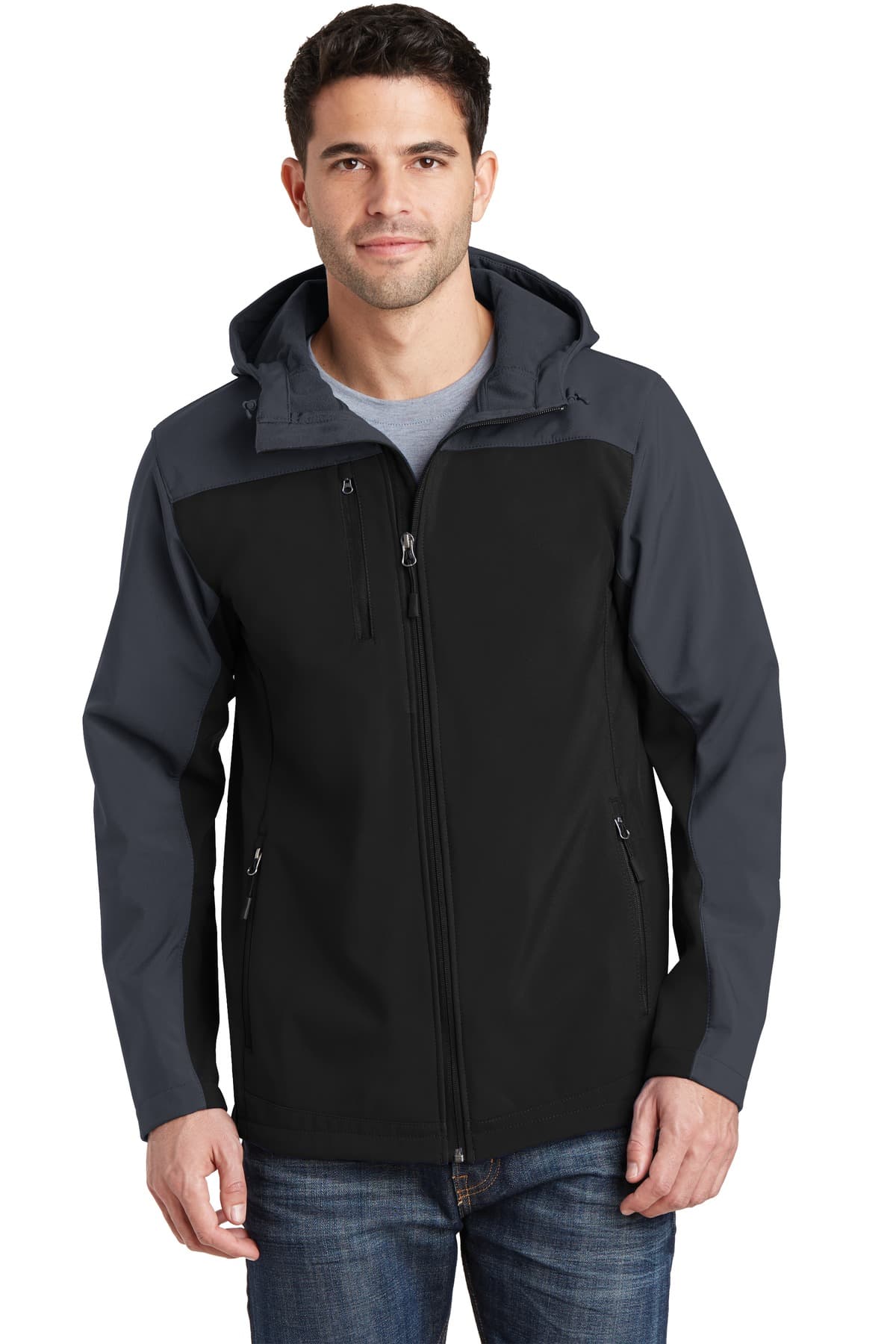 Port Authority Hooded Core Soft Shell Jacket. J335 Black/ Battleship Grey front
