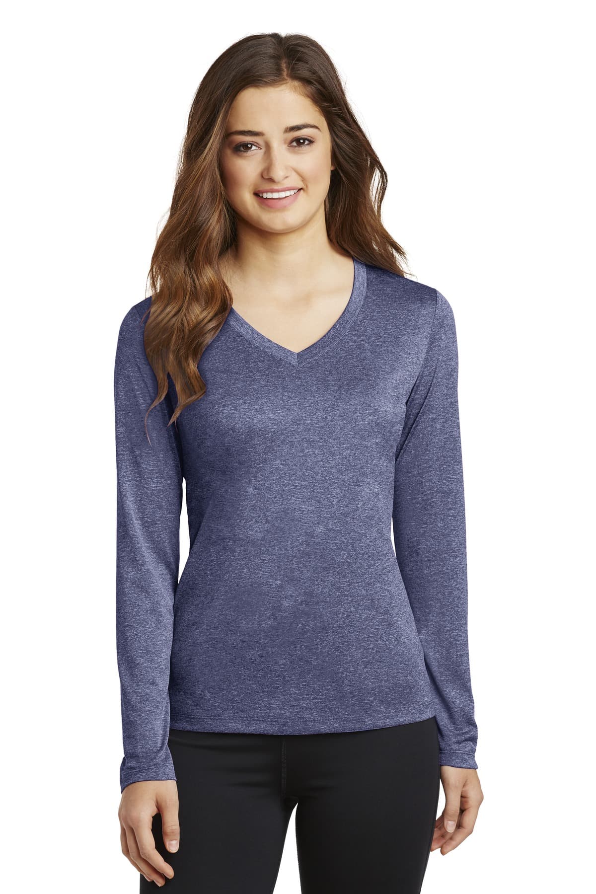 DISCONTINUED Sport-Tek Ladies Long Sleeve Heather Contender V-Neck Tee. LST360LS True Navy Heather front
