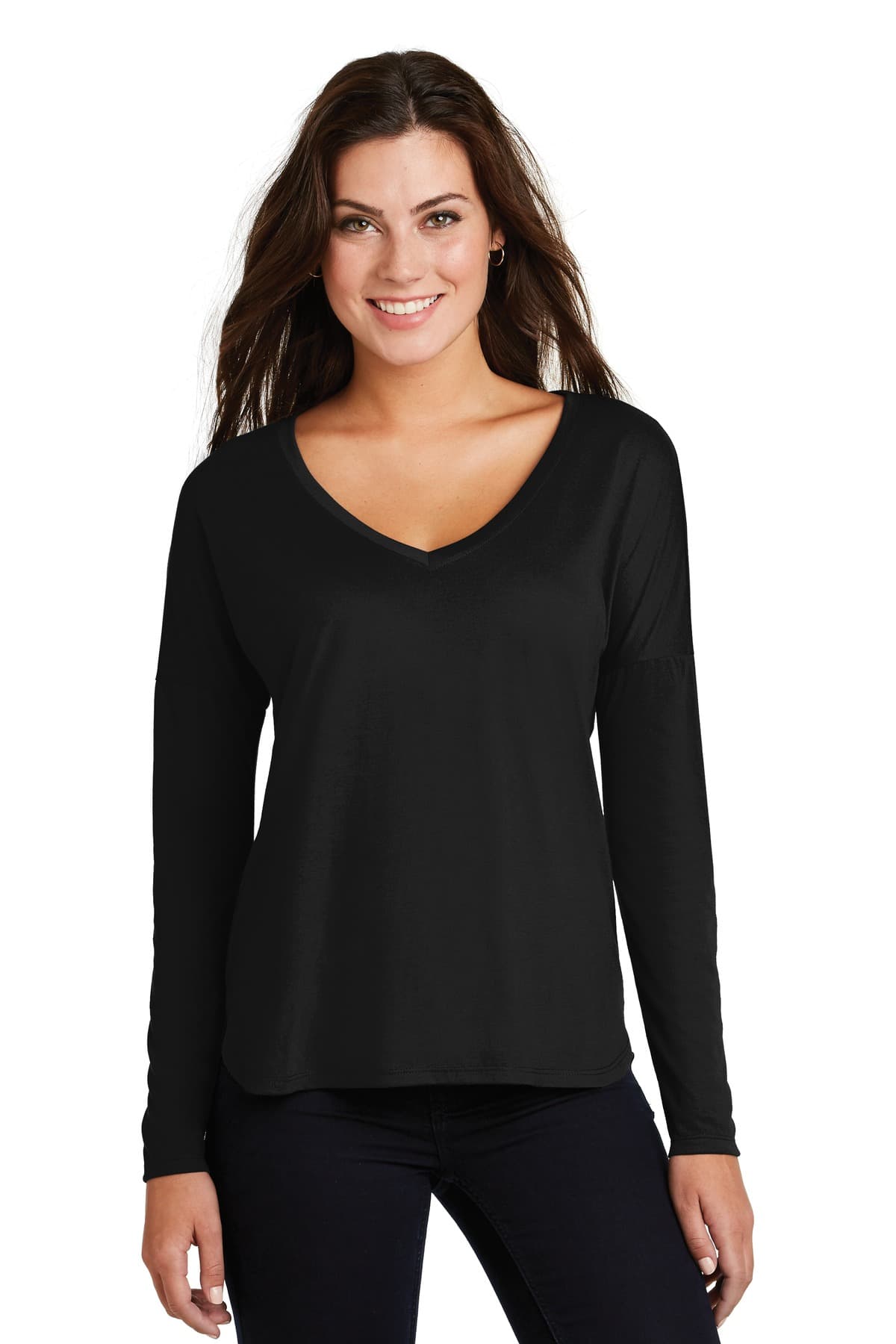 DISCONTINUED District Women's Drapey Long Sleeve Tee. DM413 Black front