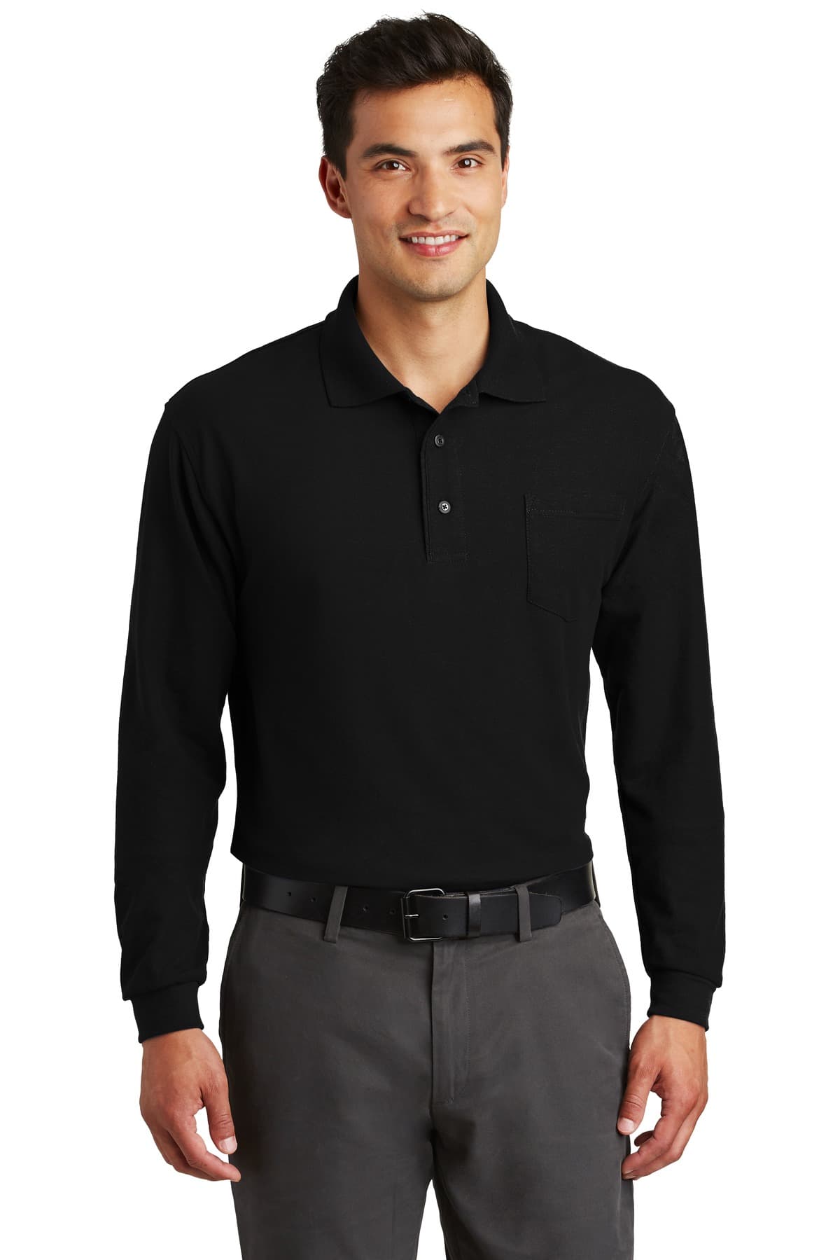Port Authority Long Sleeve Silk Touch Polo with Pocket. K500LSP Black front