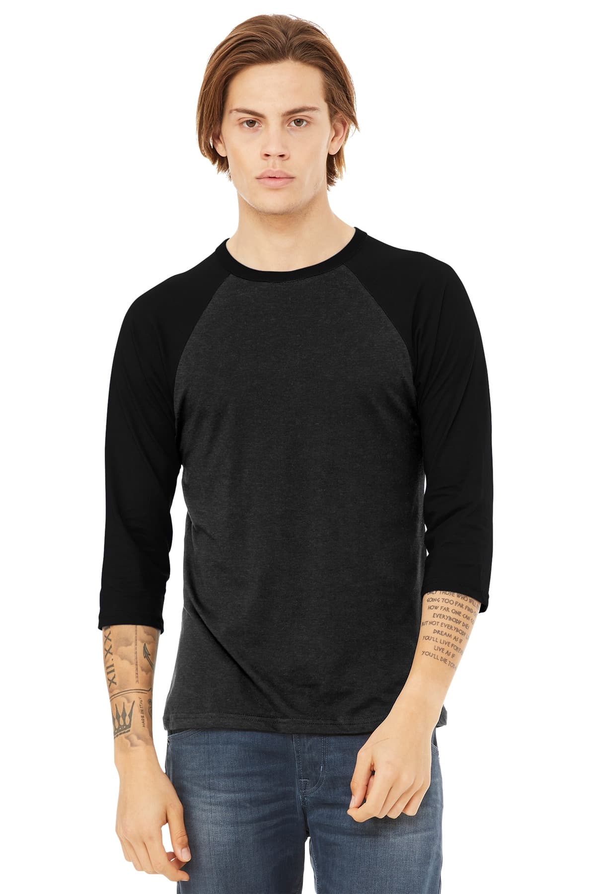 BELLA+CANVAS Unisex 3/4-Sleeve Baseball Tee. BC3200 Black Heather/ Black front