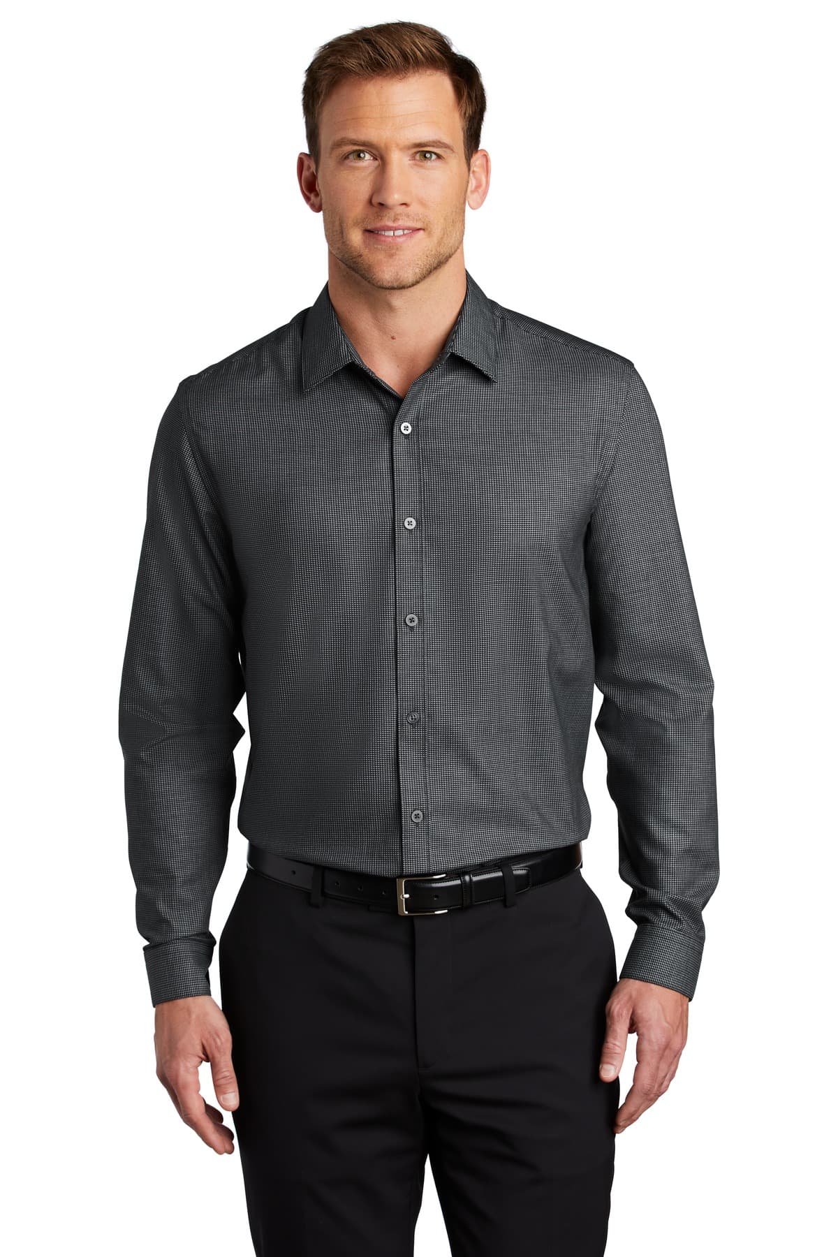 DISCONTINUED Port Authority Pincheck Easy Care Shirt W645 Black/ Grey Steel front