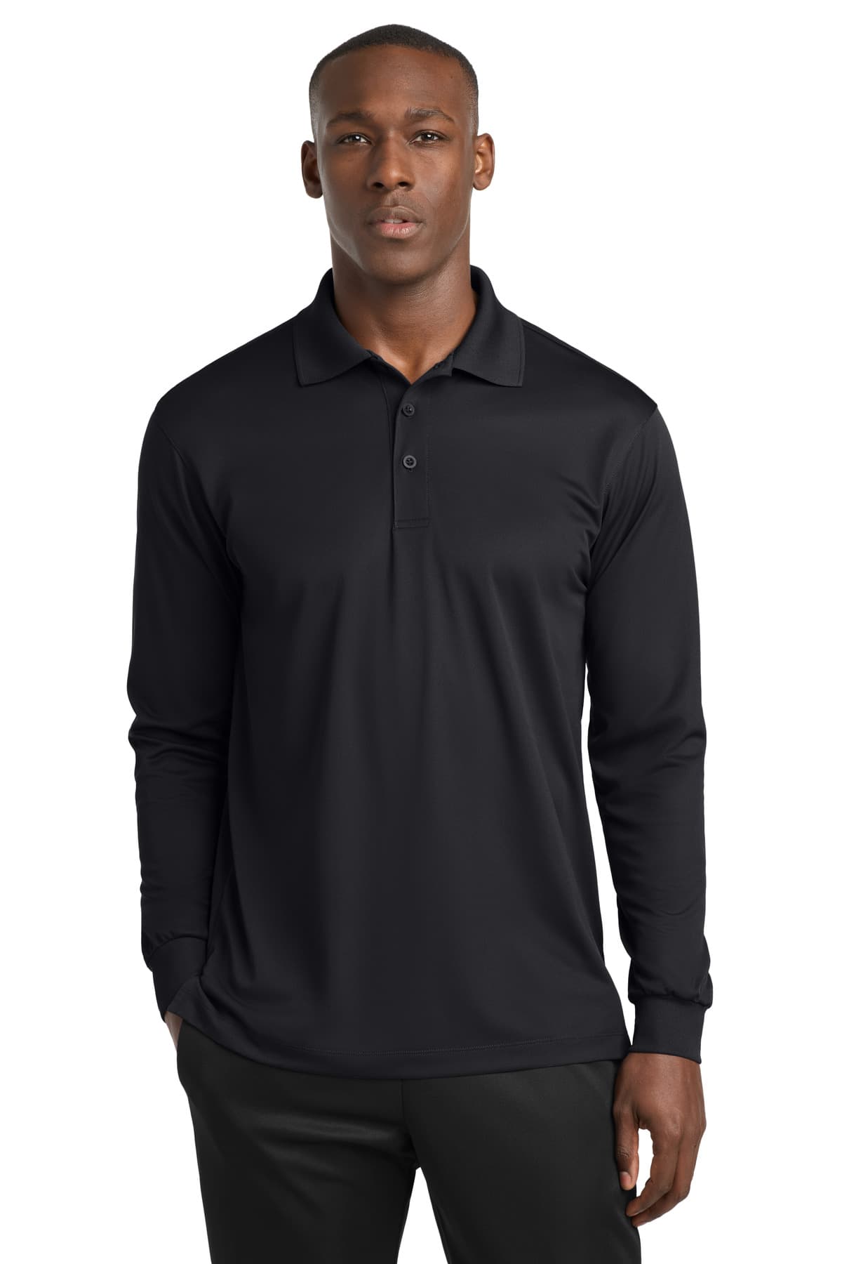 Sport-Tek Long Sleeve Micropique Sport-Wick Polo. ST657 Black front