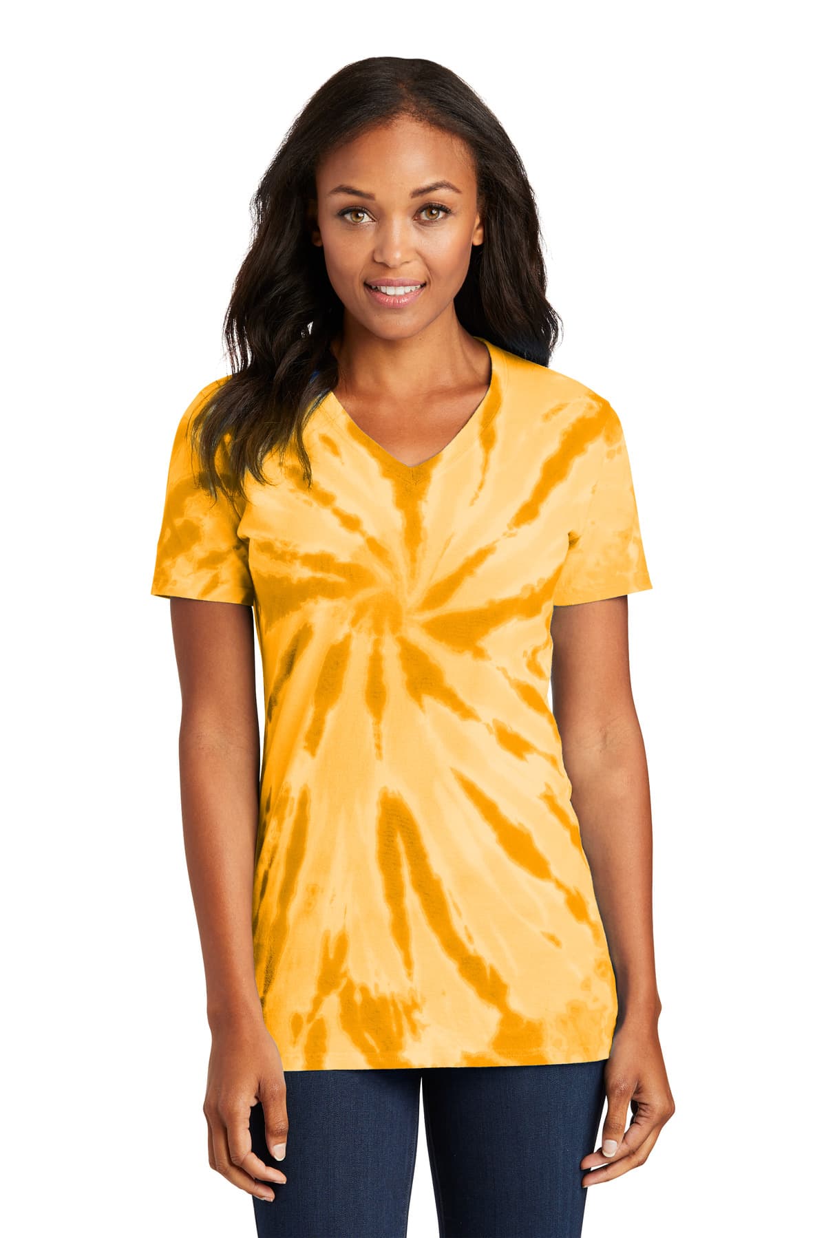 Port & Co Women's Tie-Dye V-Neck Tee. LPC147V Gold front