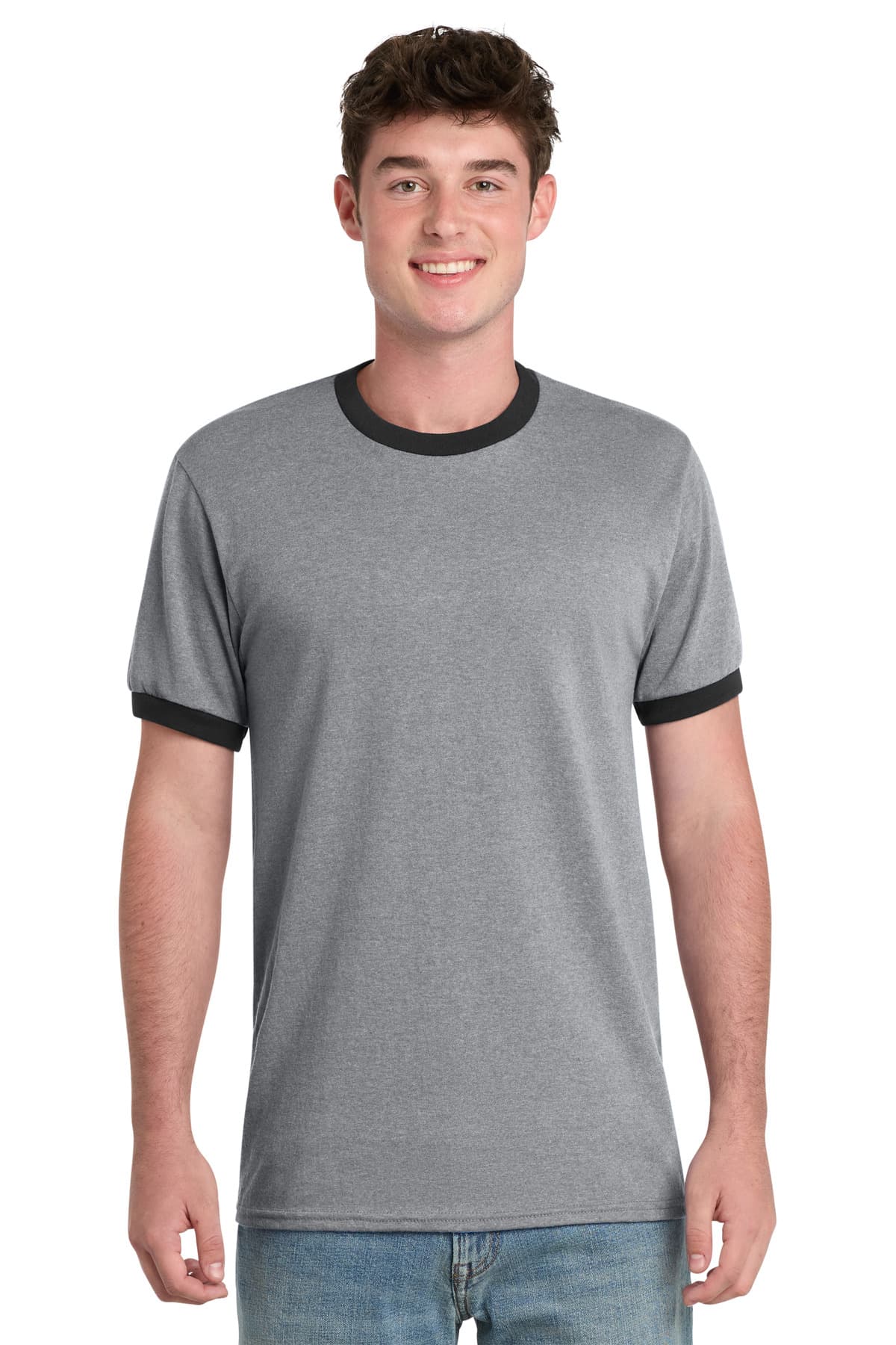 Port & Co Core Cotton Ringer Tee. PC54R Athletic Heather/ Jet Black front