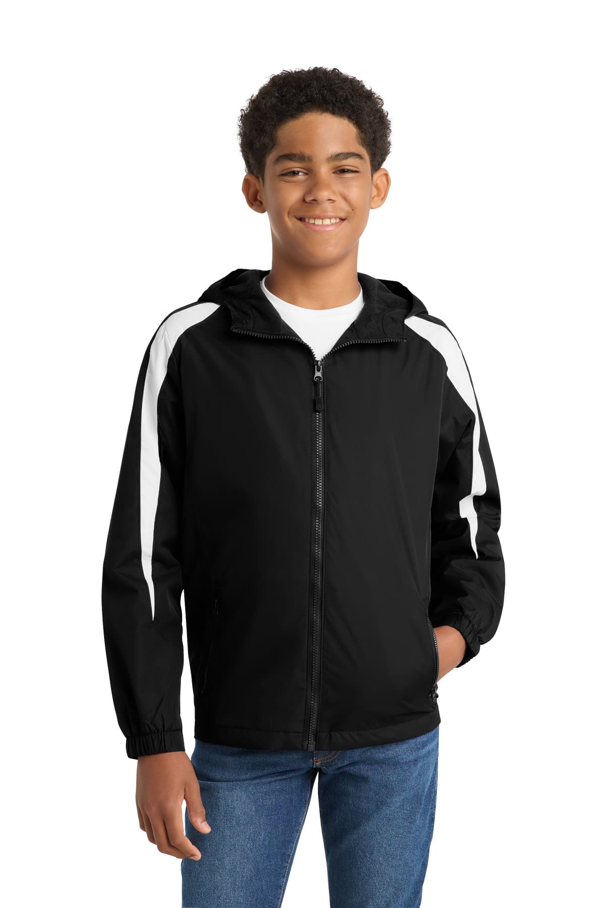 Sport-Tek Youth Fleece-Lined Colorblock Jacket. YST81 Black/ White front