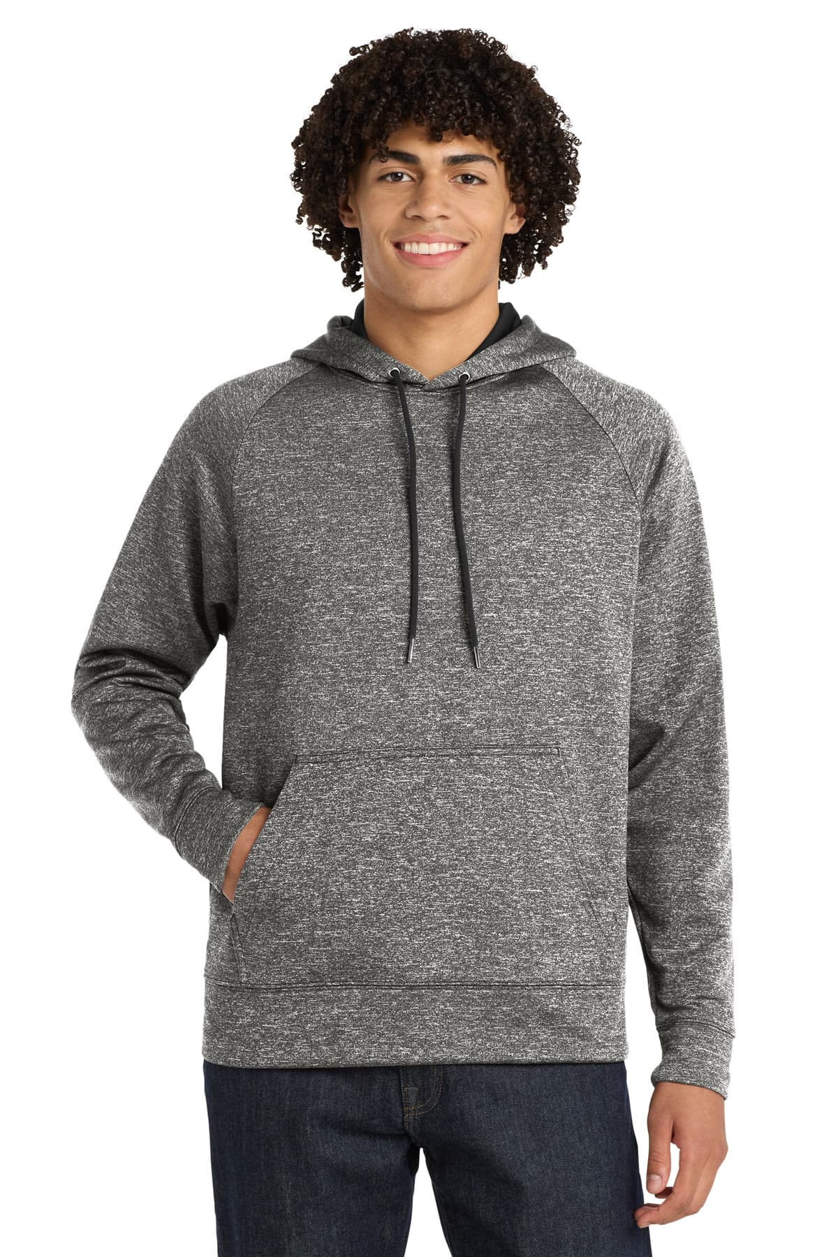 Sport-Tek PosiCharge Electric Heather Fleece Hooded Pullover. ST225 Black Electric front