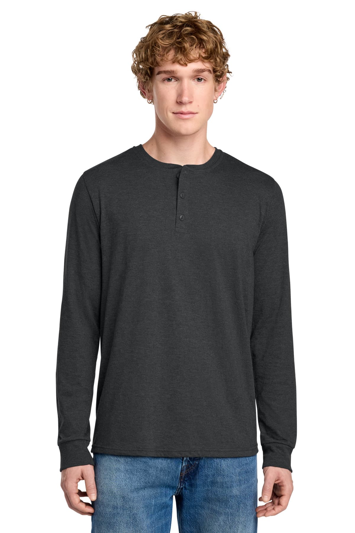 District Perfect Tri Long Sleeve Henley DT145 Black Frost front