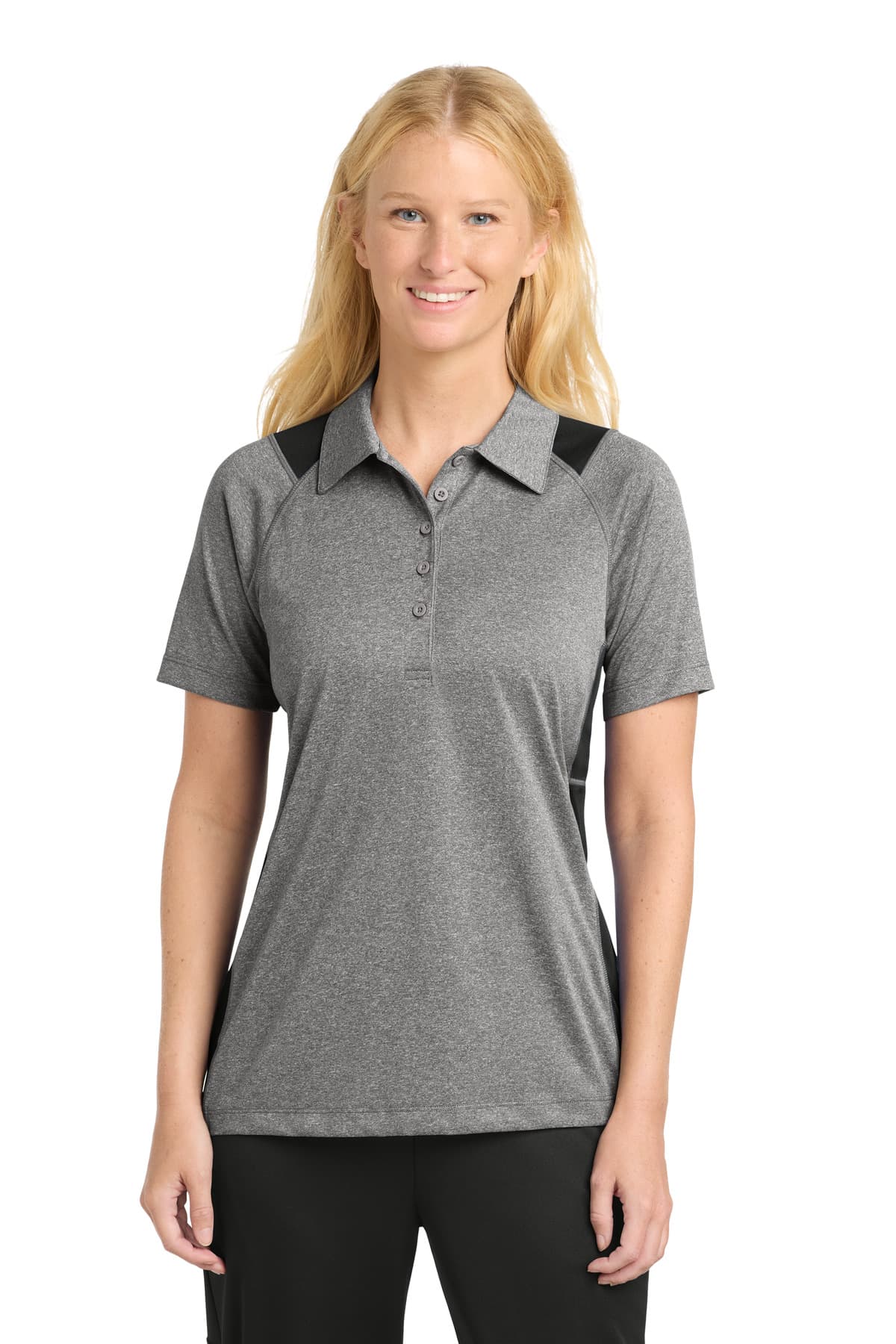 Sport-Tek Women's Heather Colorblock Contender Polo. LST665 Vintage Heather/ Black front