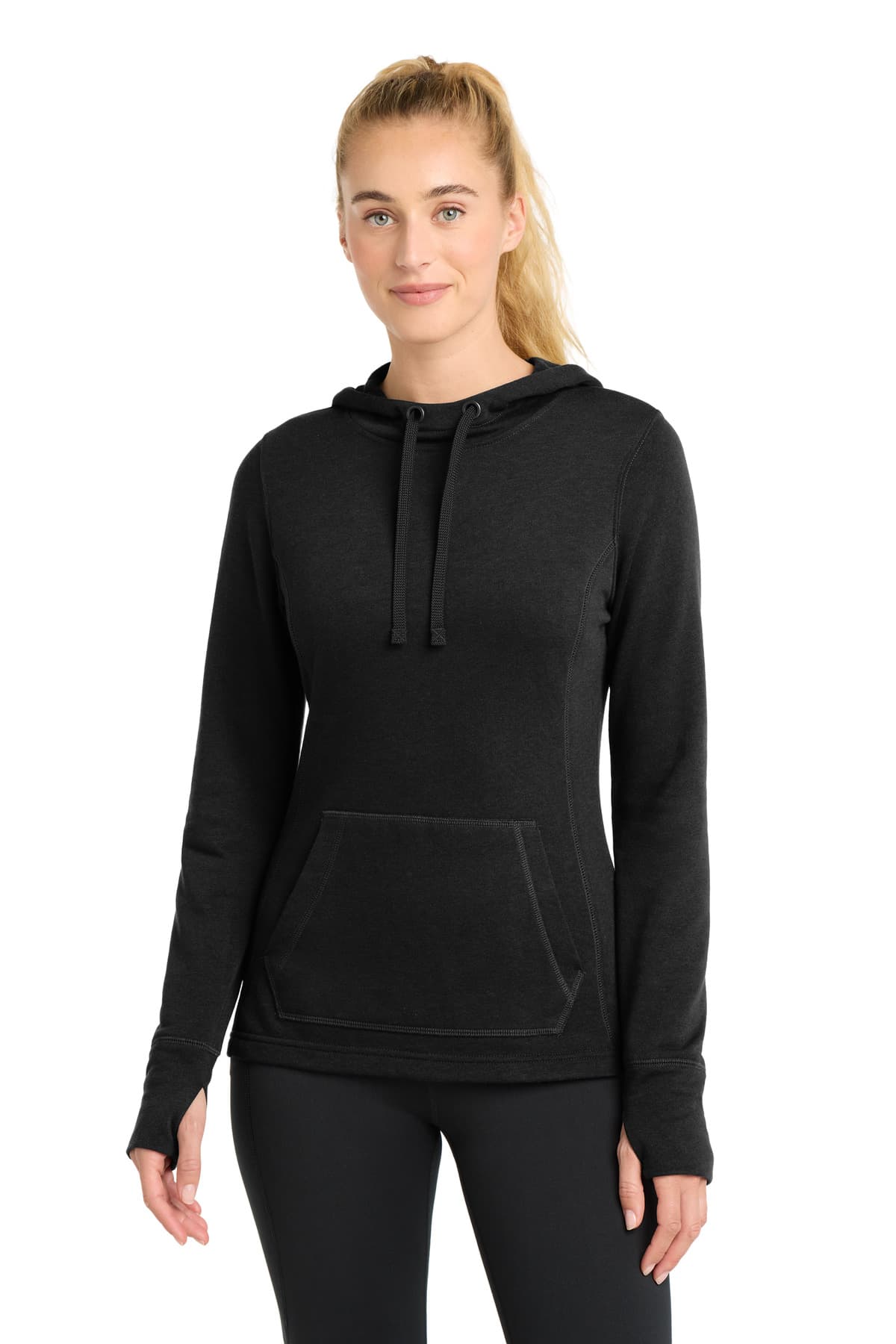 Sport-Tek Women's PosiCharge Tri-Blend Wicking Fleece Hooded Pullover. LST296 Black Triad Solid front