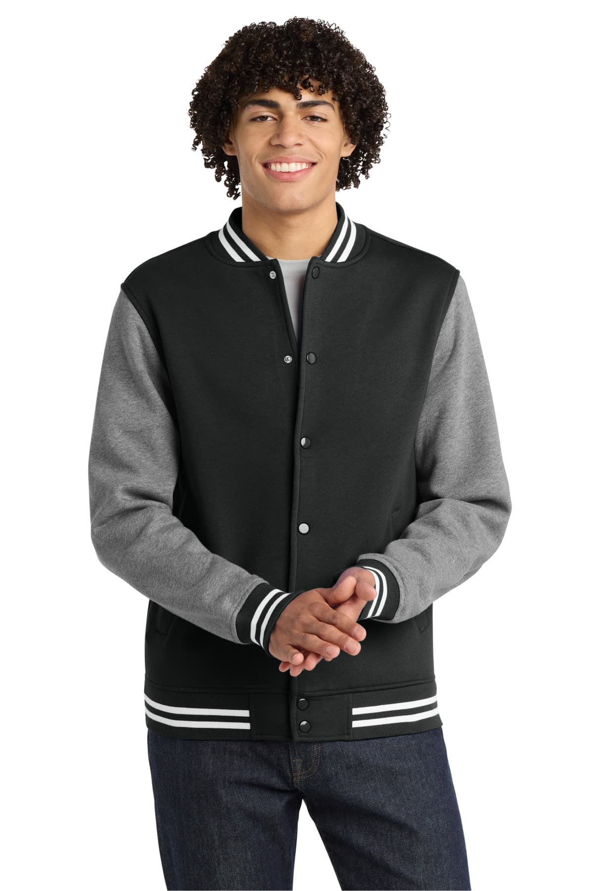 Sport-Tek Fleece Letterman Jacket. ST270 Black/ Vintage Heather front