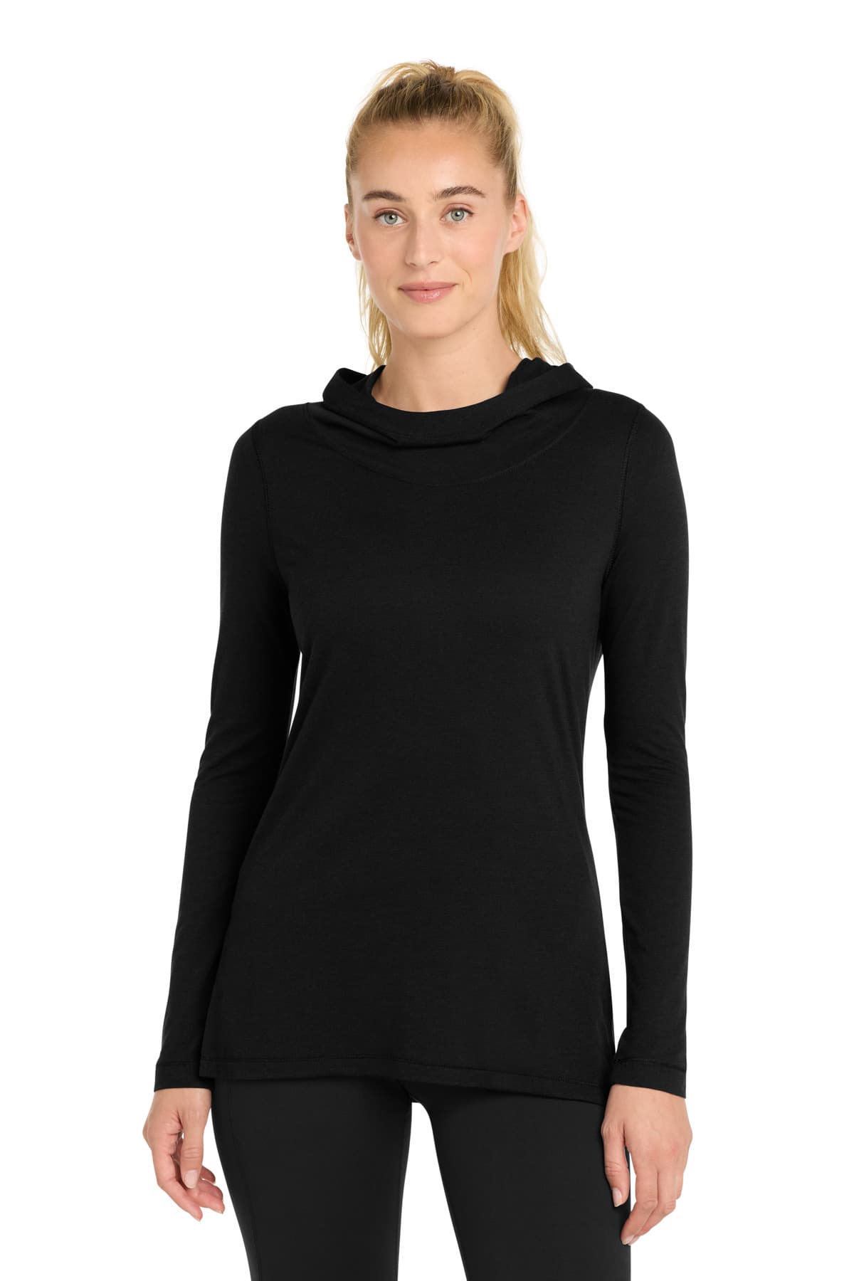 Sport-Tek Women's PosiCharge Tri-Blend Wicking Long Sleeve Hoodie LST406 Black Triad Solid front