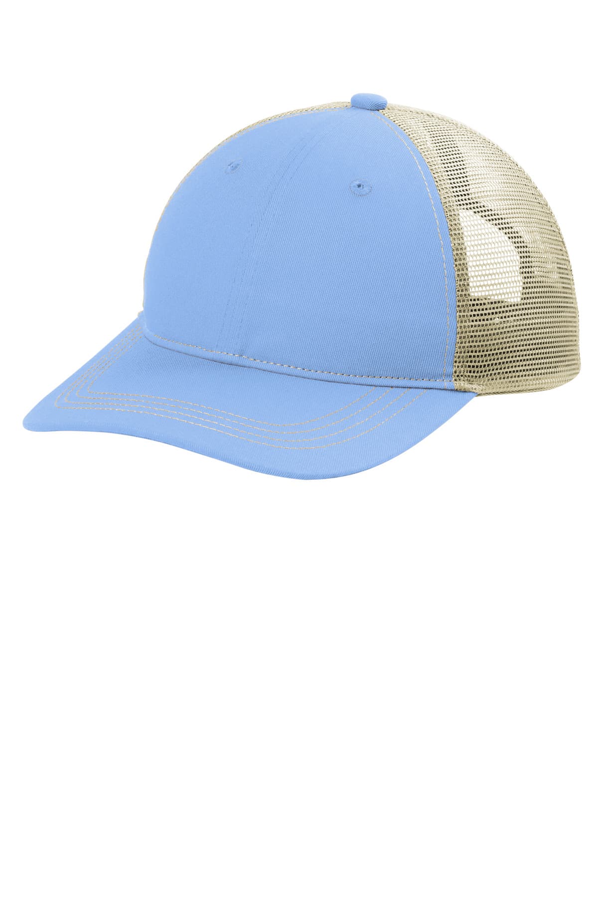 Port Authority Unstructured Snapback Trucker Cap C409 Carolina Blue/ Tan front