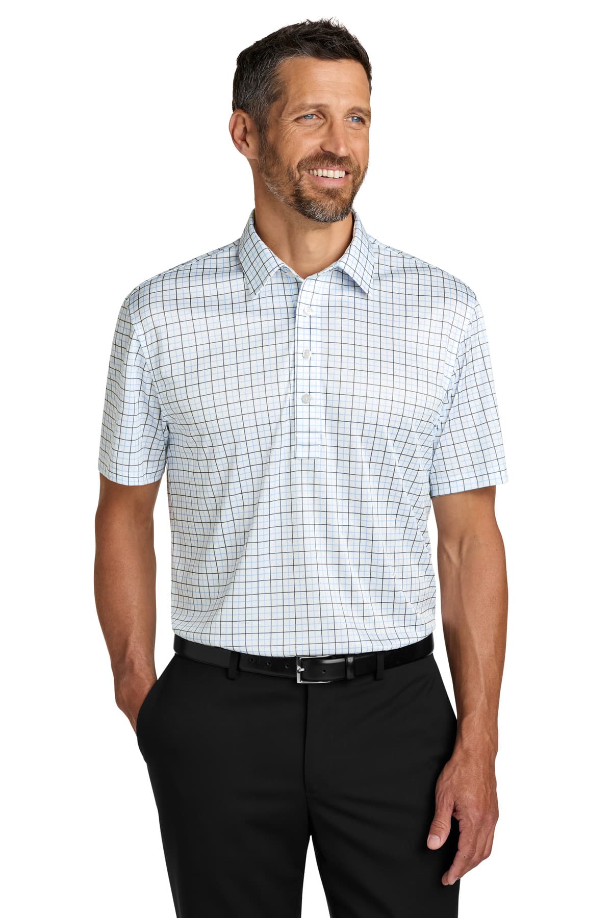 Port Authority Shirt Collar Polo K700 Black/ Carolina Blue Check front